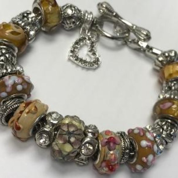 European Style Charm Bracelet with Murano Glass Beads, Toggle Clasp+Stopper,7.9" - Picture 7 of 13